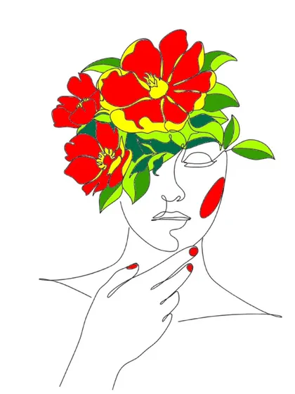 A minimalist line art piece of a woman's face adorned with colorful flowers. This digital drawing is simple, modern, and elegant.