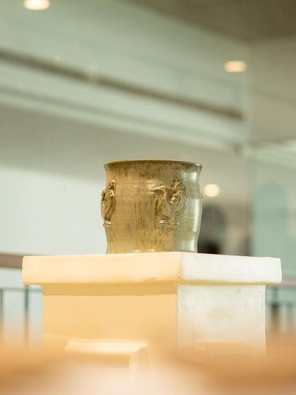 This large, wheel-thrown planter with rooster sprigs was a standout piece at our student exhibit. It shows a great combination of classic form and decorative detail.