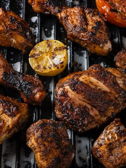 A variety of grilled meats and vegetables, shot on a grill plate for Punjab Grill to showcase their barbecue offerings.