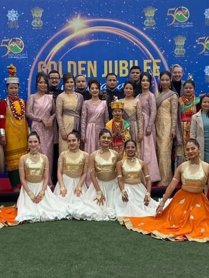 A group photo with the entire cast and crew for Meghalaya's 50th statehood celebration. This event brought together diverse artists in traditional and contemporary costumes for a unified performance.