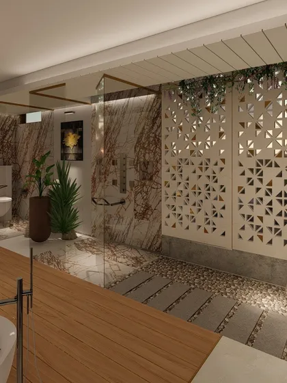 This image shows the shower area, which is separated by a glass partition. The design continues the theme of blending natural materials like wood, stone, and plants to create a cohesive and serene environment.