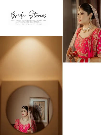 A collage of the bride, Simran, in her vibrant pink Anand Karaj outfit, including a beautiful reflection shot.
