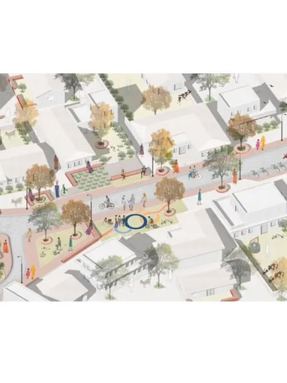 An aerial view of the Adarsh Gram master plan, showing how individual homes and community spaces are woven together to foster social interaction and a strong sense of place.