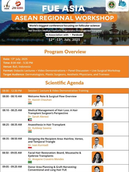 The program overview for the FUEASIA workshop in Bali, targeting dermatologists, plastic surgeons, and trainees with a full day of lectures and live surgery.