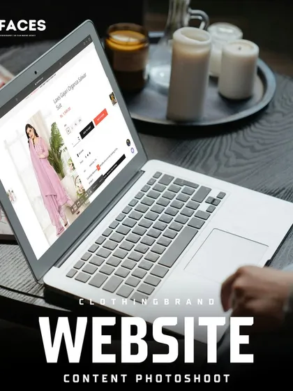 A laptop displaying a product page for a ladies' suit, featuring our model photography. Our e-commerce shots are clear, well-lit, and show the garment from its best angles to inform the customer.