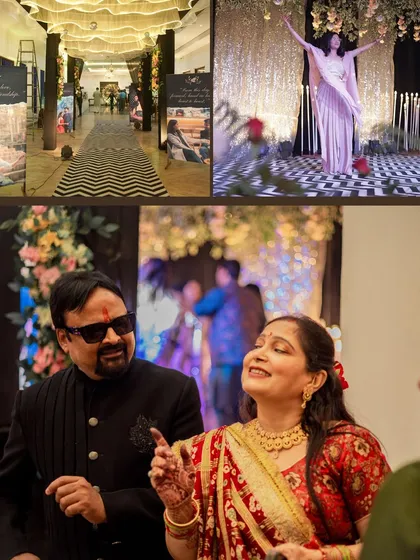 A collage showcasing the grand decor of the Sangeet night, including the entrance walkway and stage design. I always make sure to capture the effort put into the event's ambiance.