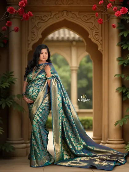The long trail of the teal silk saree creates a stunning visual against the garden archway. This is a beautiful pose for an outdoor or studio-based traditional maternity session.