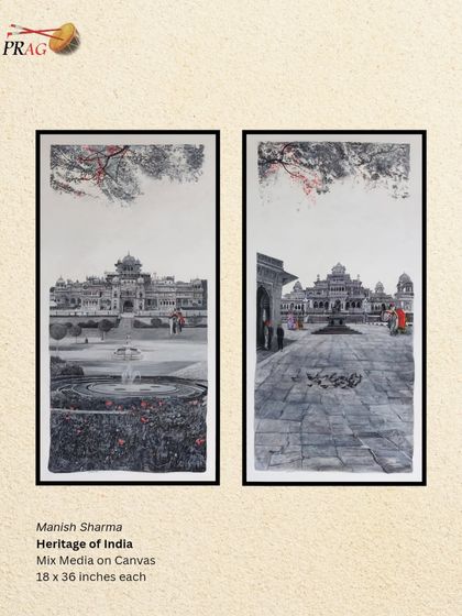 A diptych showing the 'Heritage of India' by Manish Sharma, rendering majestic palaces in a detailed monochrome style with subtle hints of color.