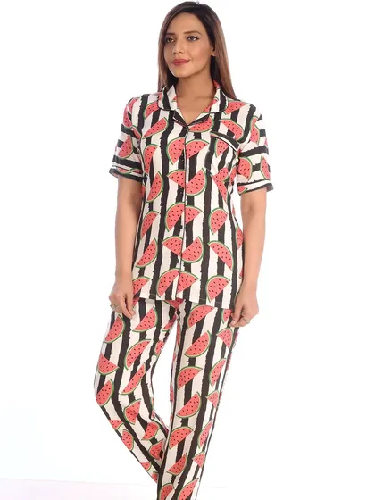 I love mixing patterns, and this set combines bold black and white stripes with juicy watermelon slices. It's a unique, eye-catching design that's perfect for summer nights or anyone who loves a graphic print.