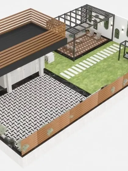 An aerial 3D view of the Najafgarh concept, illustrating the complete layout with two separate structures and a central lawn.