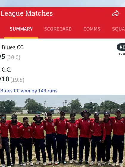 Our training translates into on-field dominance. This scorecard shows a massive 143-run victory for our Delhi Blues Cricket Club, demonstrating the competitive edge our players gain through our high-performance program.