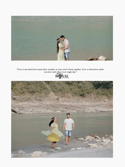 A two-panel layout showing a couple sharing a kiss and walking along the riverbank, capturing a simple and beautiful love story.
