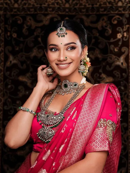 My collection also includes contemporary pieces like this oxidized silver necklace set. It’s ideal for indo-western or bohemian-themed shoots where you want a unique, artistic look that blends modern style with traditional patterns.