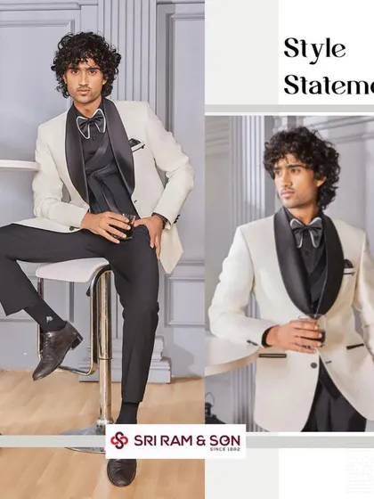 Elevate your confidence in a suit that defines your presence. This white tuxedo with a black lapel and waistcoat is the armor for the modern man.