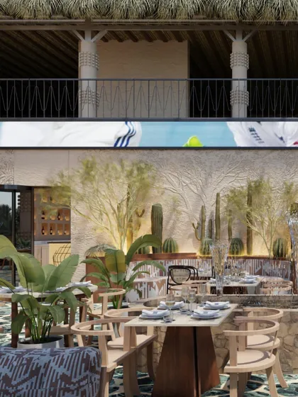 This render highlights the combination of different seating arrangements and textures. The design balances open, social areas with more intimate nooks, catering to a variety of dining experiences.