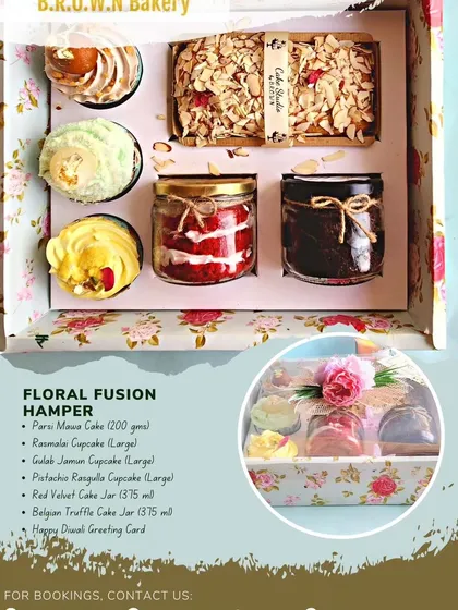 The Floral Fusion Hamper is a complete dessert experience in a box. It includes a mix of our bestsellers like the Parsi Mawa Tea Cake, Red Velvet and Belgian Truffle cake jars, and our extra large fusion cupcakes like Gulab Jamun and Rasmalai.