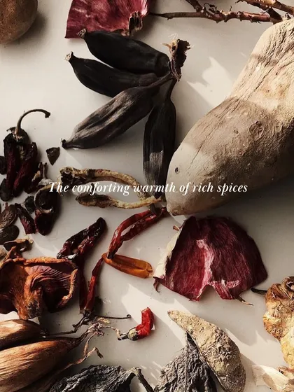 The comforting warmth of rich spices is a cornerstone of my Scented Traditions collection. This image showcases the raw, natural ingredients that inspire the fragrances, weaving together notes that recall antique charm and heritage.