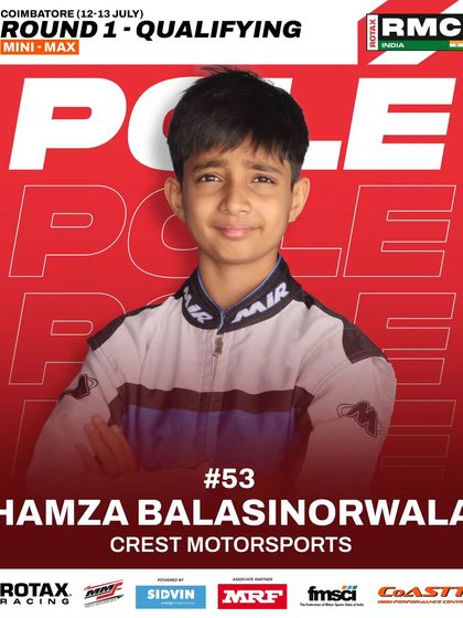 Hamza Balasinorwala of Crest Motorsports secures pole position in the Mini Max category for Round 1.