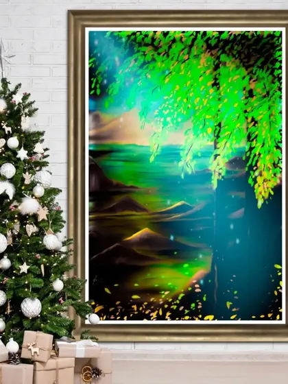 A version of the abstract landscape with deep green and blue tones, evoking the feel of the aurora borealis.