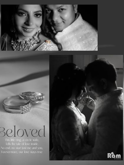 This creative collage combines portraits of the couple with a detailed shot of their engagement rings. The black and white treatment adds a timeless and artistic feel to their love story.