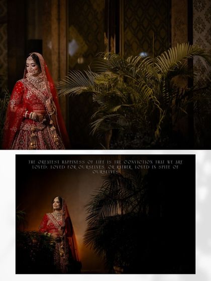 A collage of a bride in a stunning red lehenga, using dramatic lighting to create a moody and cinematic feel.