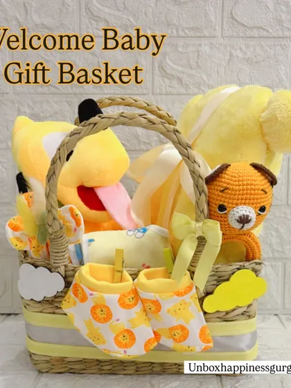 A full shot of the welcome baby gift basket, showcasing its generous size and the variety of items included, from plush toys to practical baby wear.