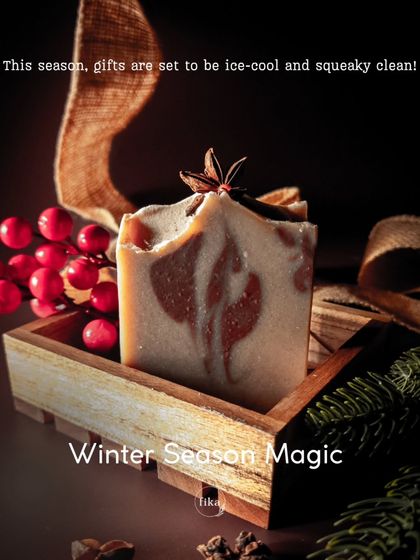This is my 'Winter Season Magic' soap bar, a beautiful marbled bar topped with a star anise. It's a perfect example of how I make my gifts ice-cool and squeaky clean with natural ingredients.