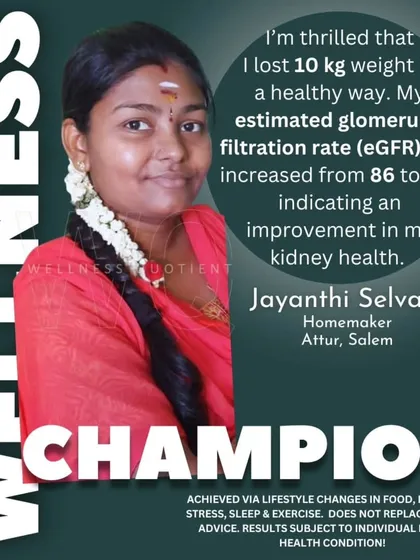 Jayanthi not only lost 10 kg but also saw a remarkable improvement in her kidney function, with her eGFR increasing from 86 to 126.