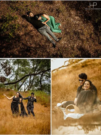 A collage showing the fun and adventurous side of an outdoor pre-wedding shoot. From a playful moment in a field of golden grass to a romantic aerial shot, this captures the joy of spending a day together in nature.