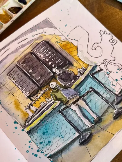 A top-down view of my Mighty Squirrel sketch, showing the interesting perspective of the cafe layout.