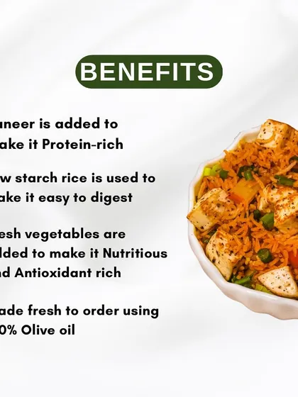 Let me break down the benefits of my Paneer Rice Bowl. It's a high protein meal using low starch rice for easy digestion and fresh vegetables for antioxidants, all cooked in olive oil.