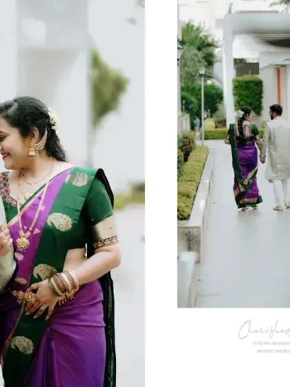 A collage of "Cherished Memories," featuring an intimate close-up of the couple and a shot of them walking away together.