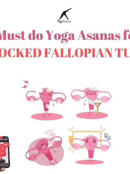 This is an introductory image for a series focusing on yoga asanas for blocked fallopian tubes, illustrating the concept with cartoon uteruses.