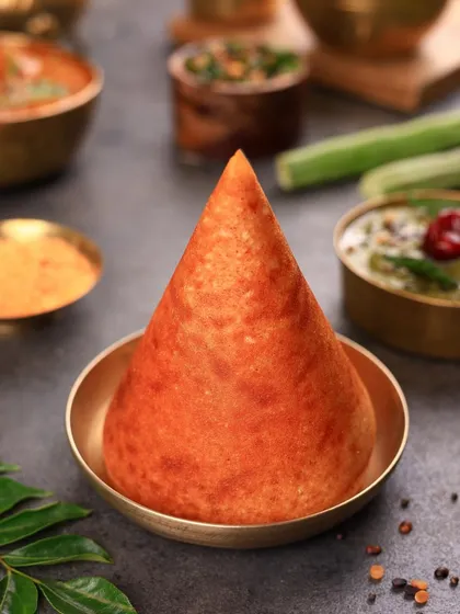 A crispy, golden cone dosa standing tall in a brass bowl. This unconventional presentation is visually striking and makes a classic South Indian dish look modern and exciting.
