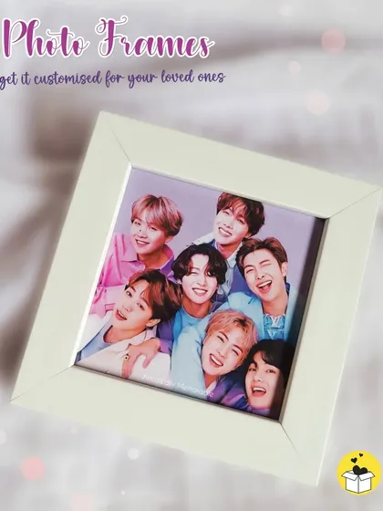 A BTS-themed mini photo frame, perfect for any ARMY member. This cute desk decor can be customized with your favorite photo of the group or a personal quote.