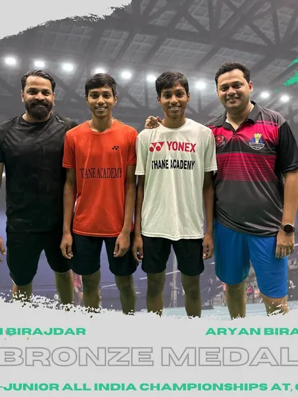 Arjun and Aryan Birajdar with their coaches after winning the bronze medal at the Sub-Junior All India Championship in Goa. This achievement reflects the strength of our doubles coaching program.