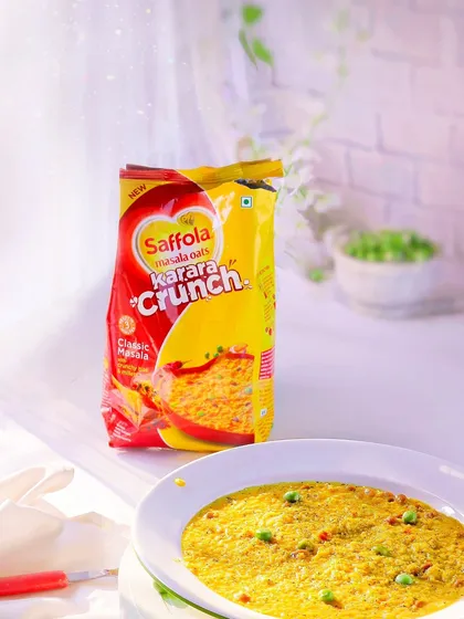 A high-key, bright version of the Saffola Masala Oats shoot, creating a light and healthy feeling for a breakfast food.