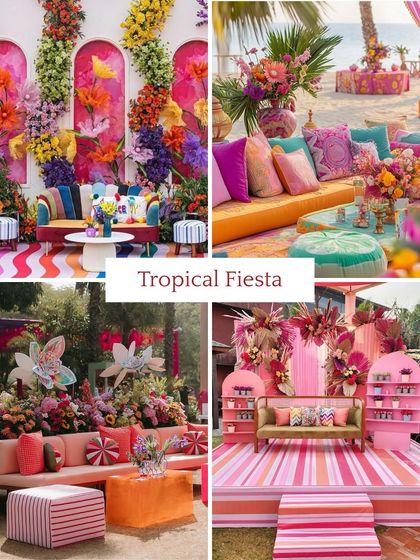 **Mehendi Theme: Tropical Fiesta.** Bright, bold, and full of energy. This theme uses tropical flowers, vibrant colors, and fun patterns to create a festive, vacation-like atmosphere.