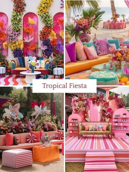 A Tropical Fiesta theme is perfect for a fun, sun-kissed Mehendi. I use a palette of bright pinks, oranges, and teals, along with bold floral arrangements and striped patterns, to create a lively, celebratory vibe.