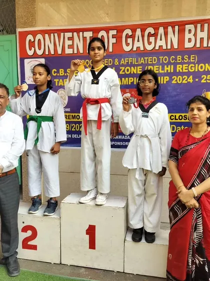 The winners' podium for the girls' category at the CBSE Taekwondo Championship. Our student stands proudly at the number one spot.