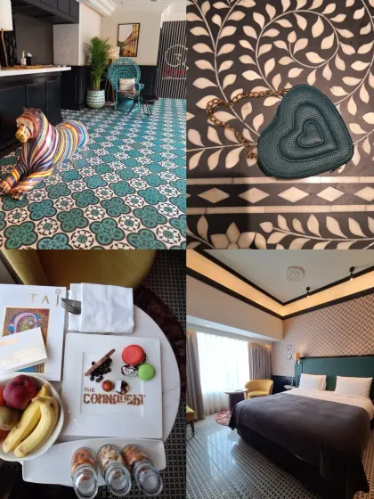 A collage showing the details of my room at The Connaught, from the welcome amenities to the unique decor and stylish flooring.