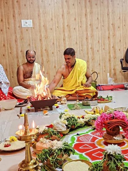 Our community members participating in the Surya Homa, a traditional fire ceremony that marks the beginning of our Rathasaptami celebrations.