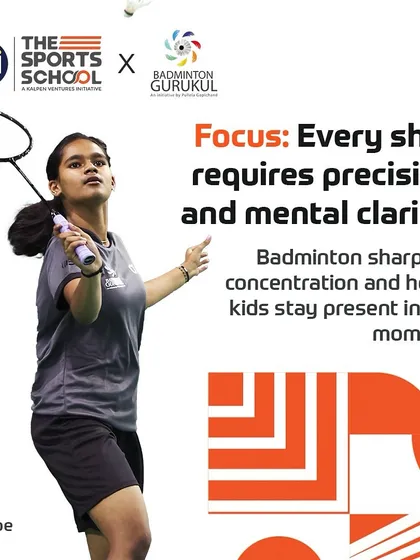 Infographics paired with action shots, illustrating how badminton builds focus, teamwork, agility, and determination.