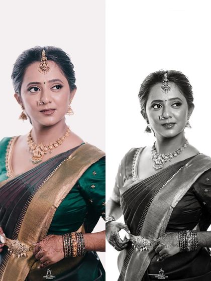 A split-screen image showing a bride's portrait in both color and black and white, highlighting her timeless beauty.