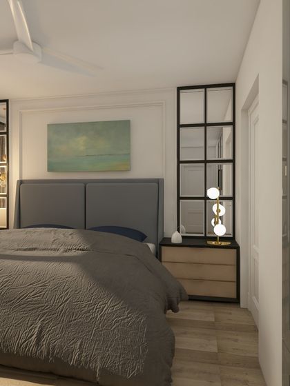 A full view of the bedroom layout, showing the flow from the door to the bed and wardrobe area.