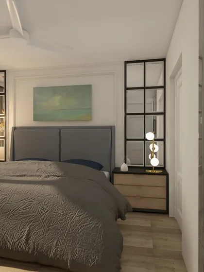 A full view of the bedroom layout, showing the flow from the door to the bed and wardrobe area.