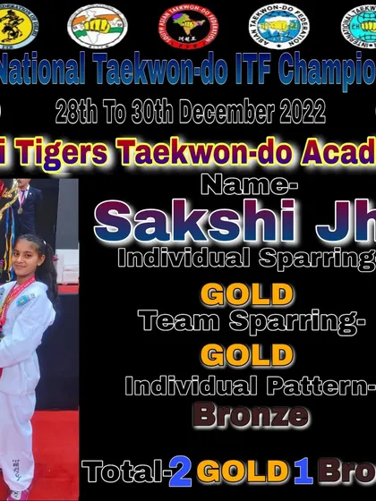 Sakshi Jha with her impressive medal haul from the nationals: two Golds for Individual and Team Sparring, and a Bronze for Individual Pattern. She is a powerful and versatile fighter.