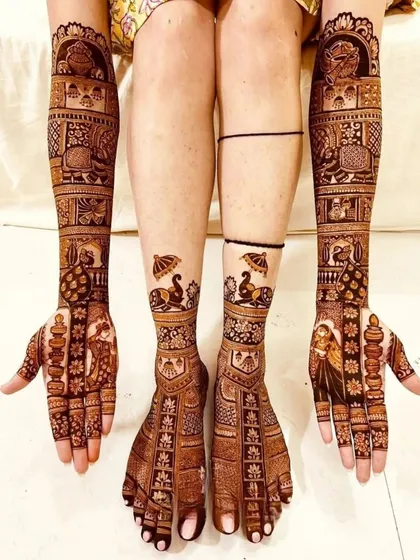 A complete bridal look is essential. I design matching patterns for both hands and feet, ensuring your mehndi is perfect from every angle. This full bridal henna set features traditional motifs with a clean, symmetrical finish.