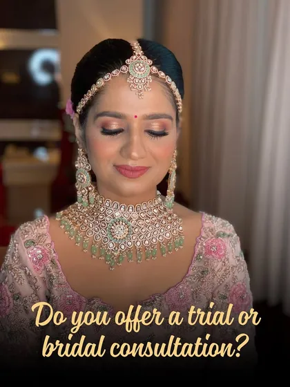 A beautiful bride ready for her big day. We created this soft glam look with a focus on flawless skin and warm, golden-toned eyeshadow to complement her pastel pink outfit and mint green jewelry.