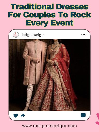 A stunning example of coordinated wedding attire. The groom's blush pink sherwani beautifully matches the bride's heavily embroidered red and gold lehenga.